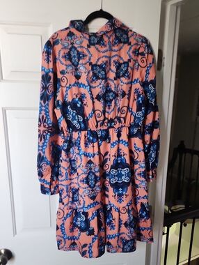 Women's Pink and Navy Printed Long Sleeve Dress